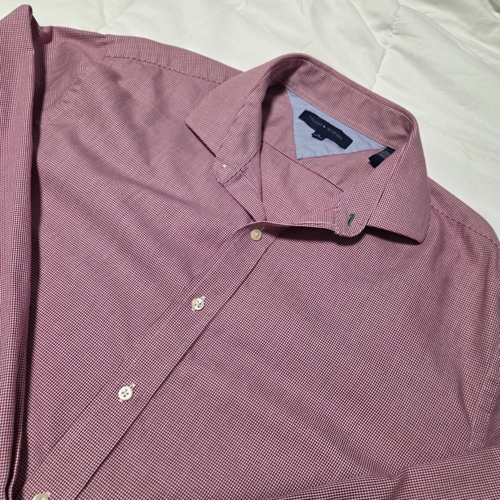 Tommy Hilfiger Mens 17 34-35 Burgundy Micro Houndstooth Cotton Dress Shirt